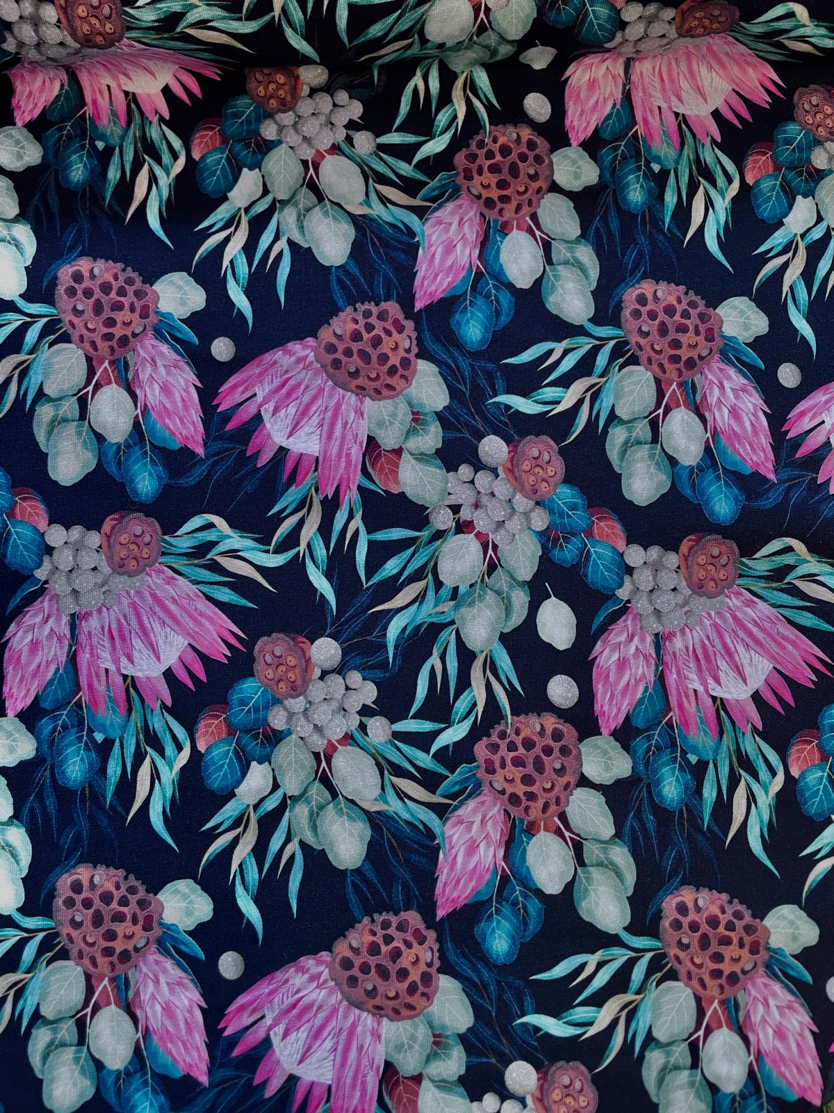 French Terry "Botanical Eleganze" floral dunkelblau/pink